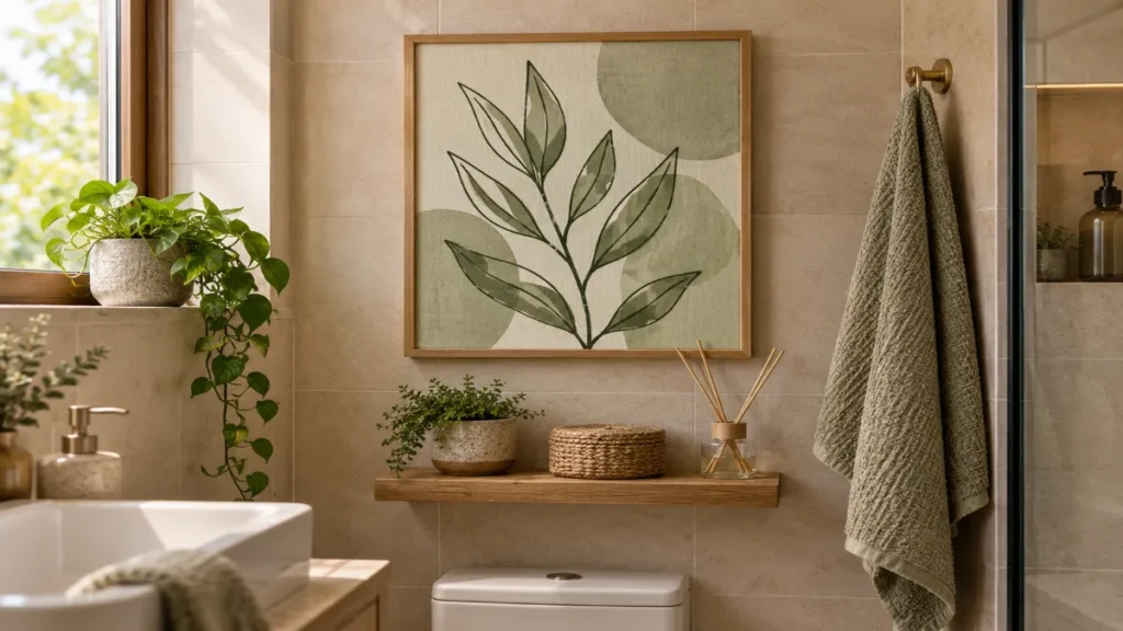 Single framed sage green line art canvas for a compact bathroom wall